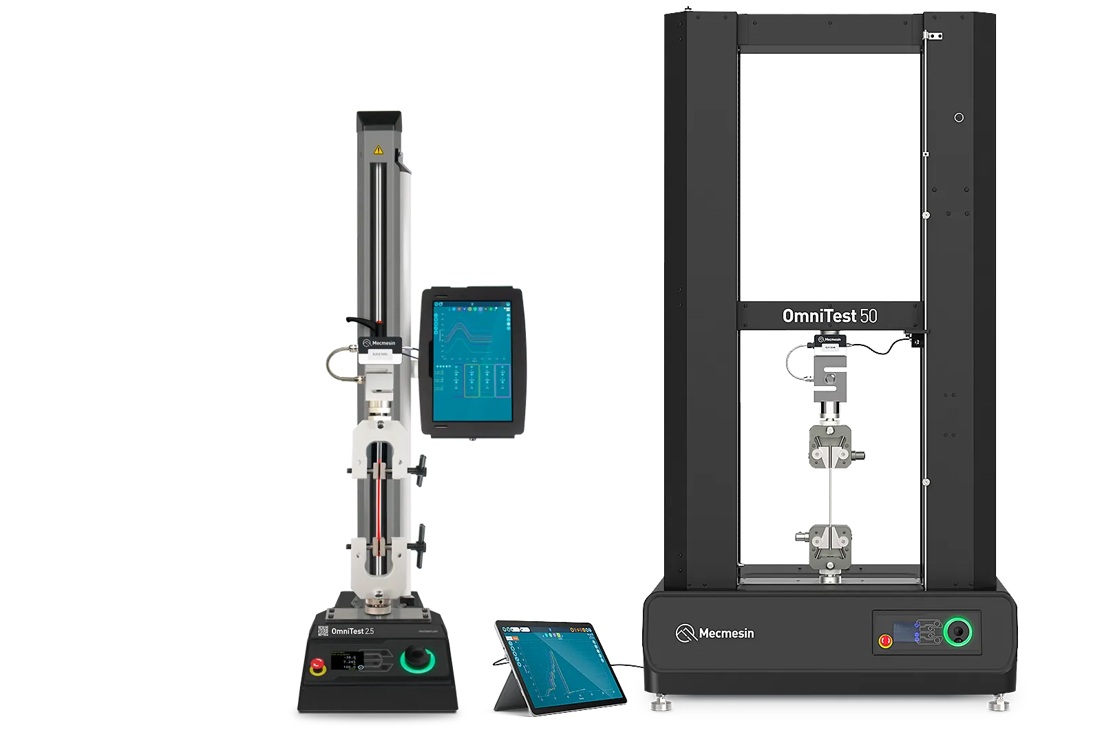 OmniTest range of Universal Testing Machines (UTMs) by Mecmesin, powered by VectorPro force testing software, shown with optional touch console or tablet controllers